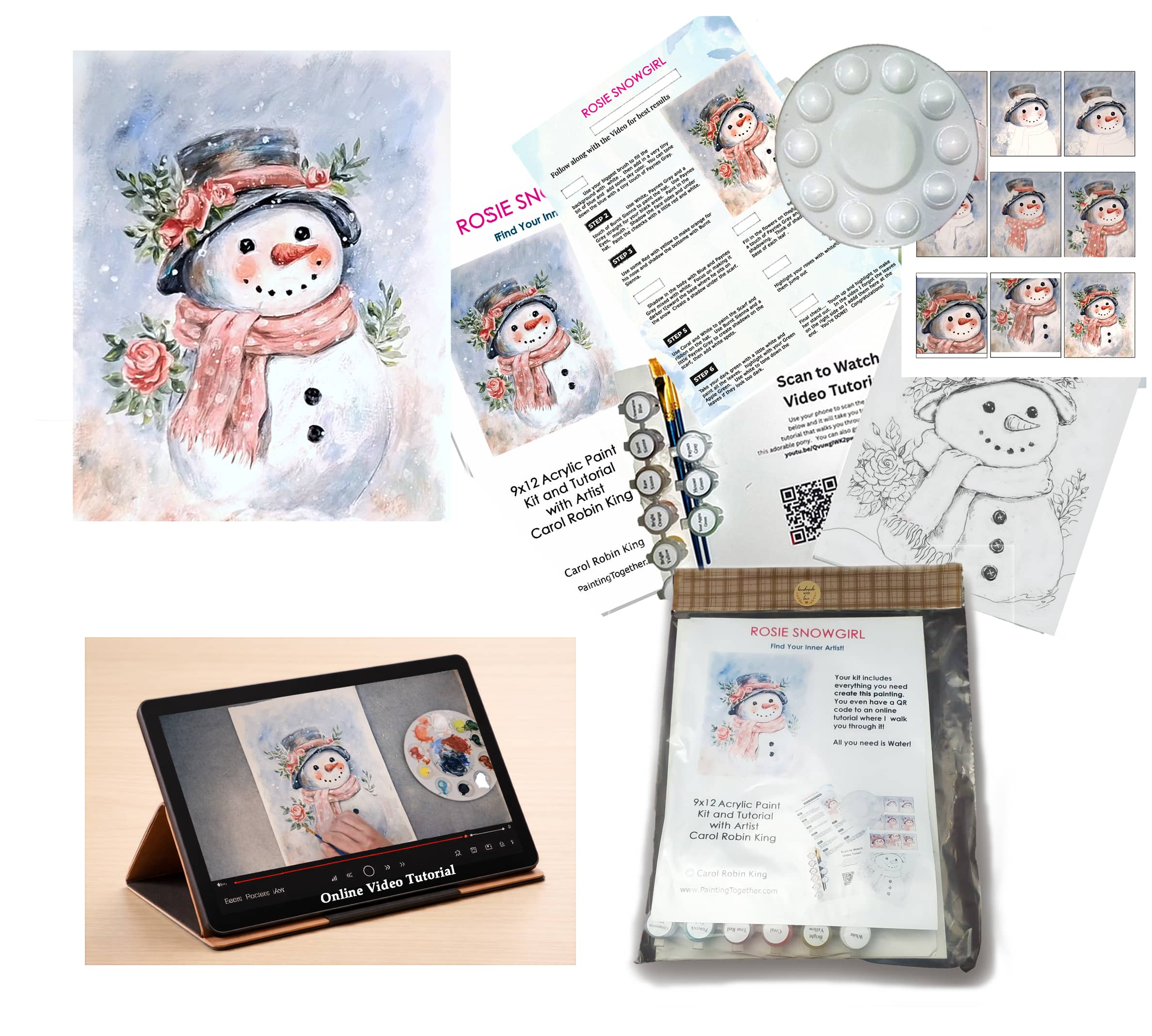 Rosie Snowgirl acrylic paint kit with online video tutorial contents