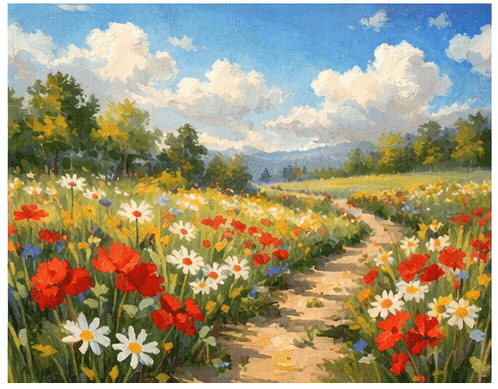 Spring wildflower meadow with red poppies and white daisies along a winding path under a blue sky with soft clouds
