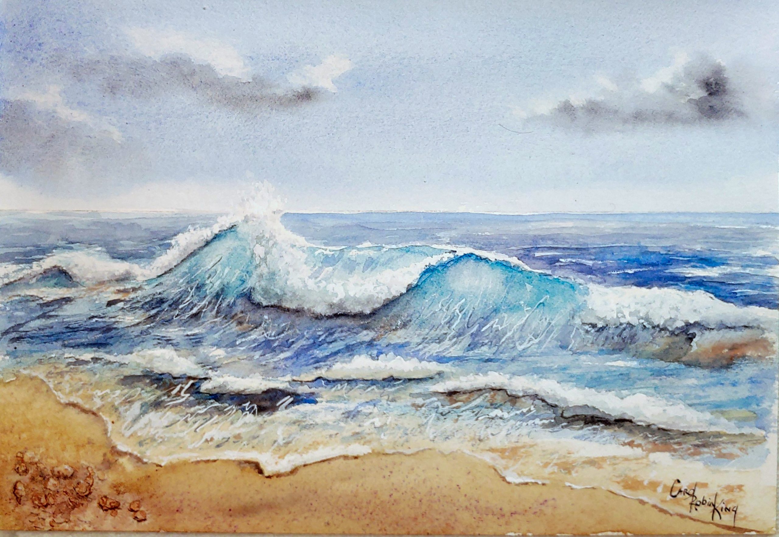 watercolor ocean waves crashing on sandy beach with foam and blue sky