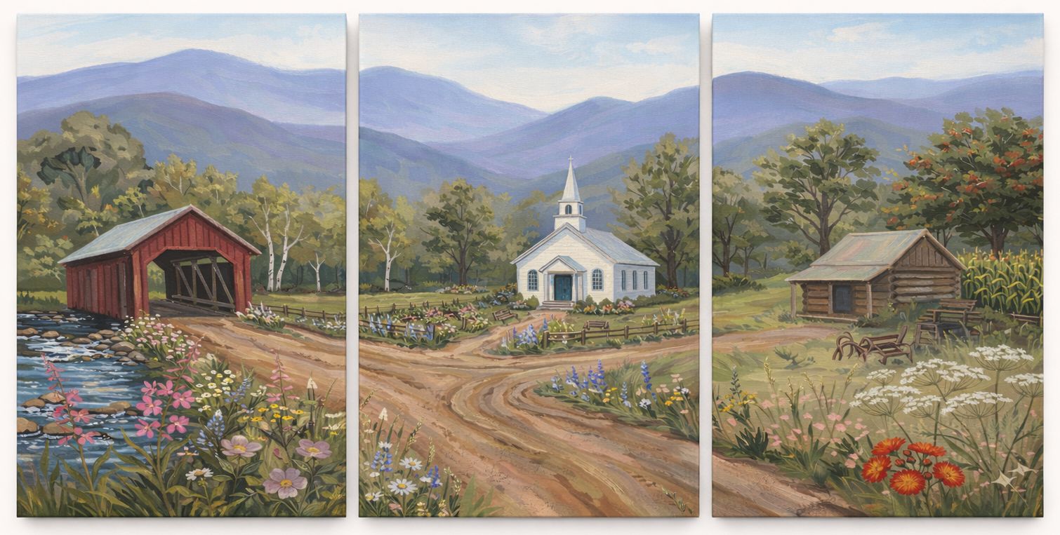 image of covered bridge, church and cabin as part of an acrylic painting class