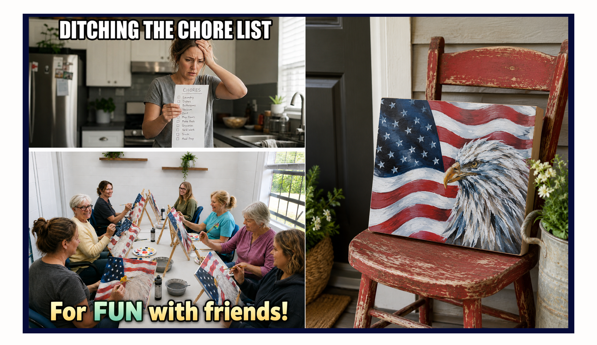 Students enjoying a patriotic acrylic painting class featuring a bald eagle and American flag painting at Townsend Artisan Center in Townsend, Tennessee.