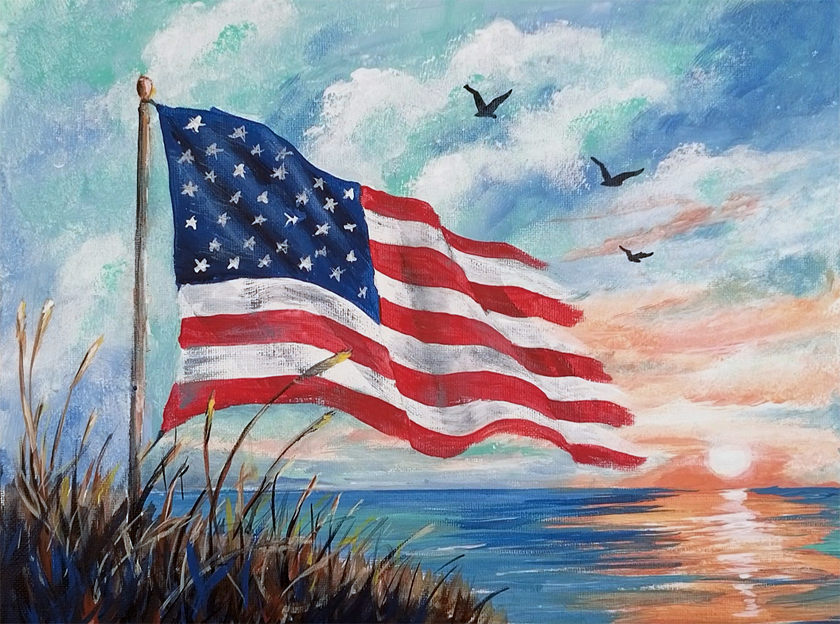 Patriotic acrylic beach painting featuring an American flag at sunset with glowing clouds, ocean reflections, dunes, and sea oats. Step-by-step painting tutorial by Carol Robin King.