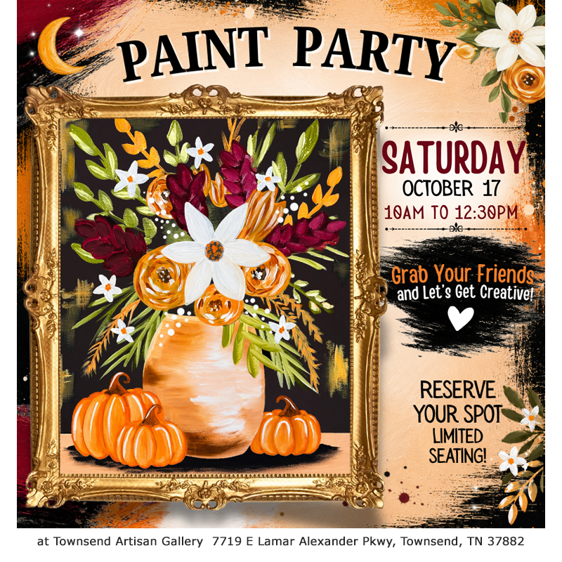 Fall Floral Paint Party with Carol Robin King at Townsend Artisan Gallery, featuring an autumn floral painting with pumpkins and flowers.