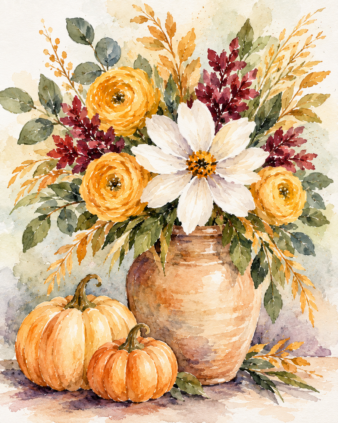 Beginner watercolor autumn bouquet with pumpkins – November Brush Bunch painting lesson