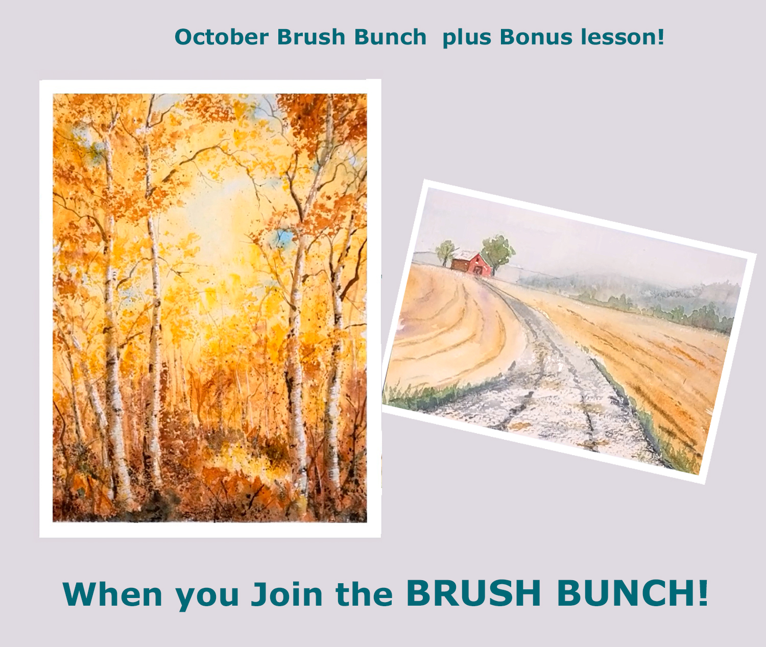 Watercolor painting lessons featuring a ocean wave scene, country barn landscape, and a bonus included in Brush Bunch monthly membership.